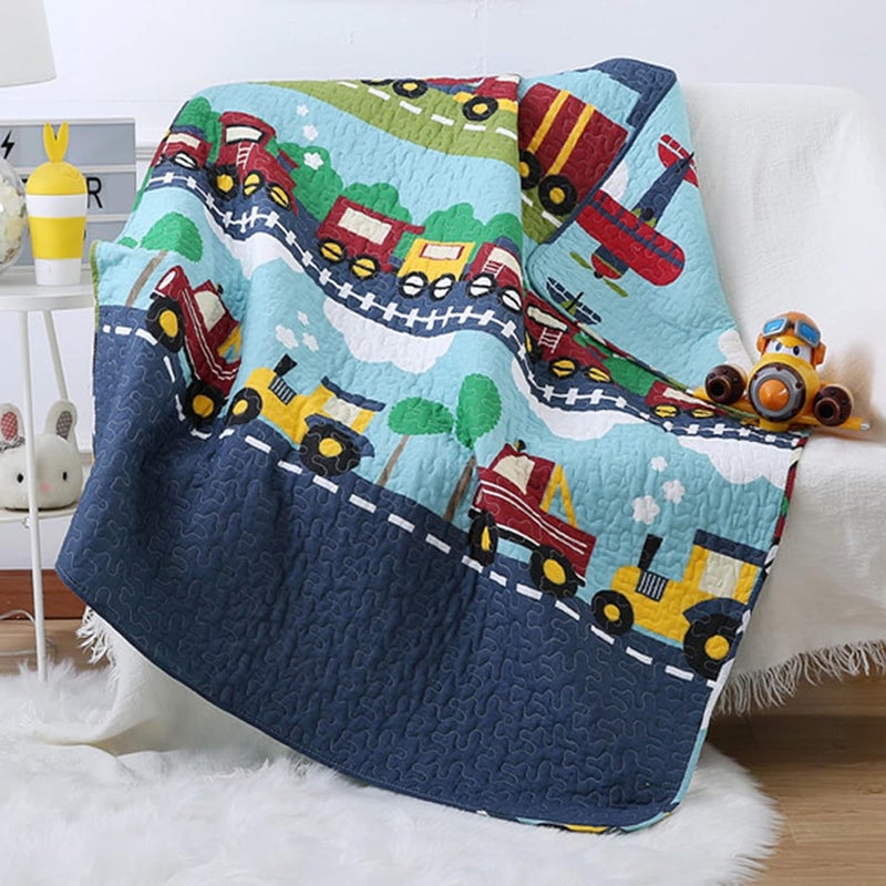 ABREEZE 100% Cotton Children's Bedspread, Train Pattern Coverlet Truck Quilt Bedspread Throw Blanket for Baby Kids 43" X 51" 1PCS - Image 1